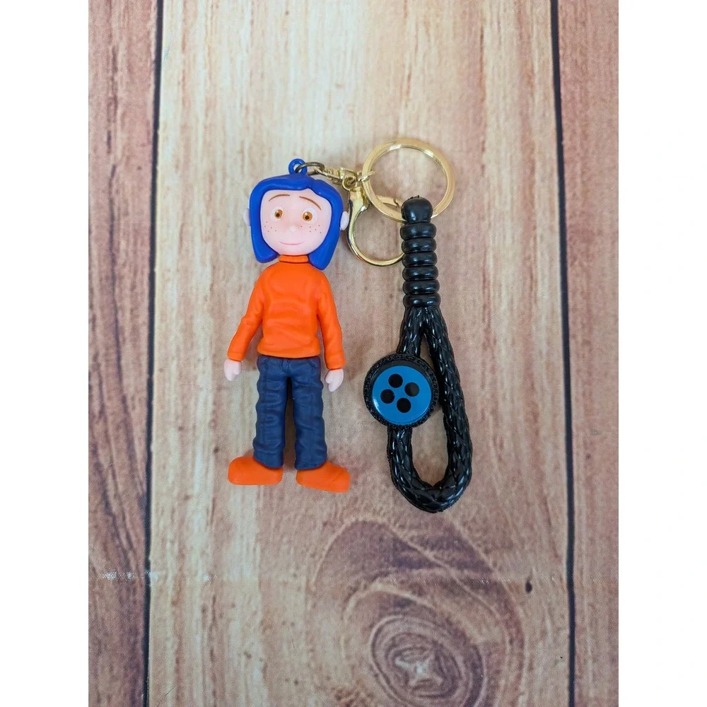 Coraline Mood Doll 3D Keychain with Blue Hair Orange Shirt Button Accessory